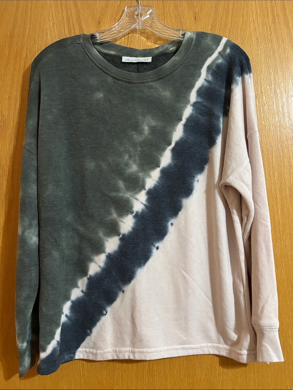 Keren Hart Diagonal Tie-Dye Crewneck Sweater in Olive Green & Cream
